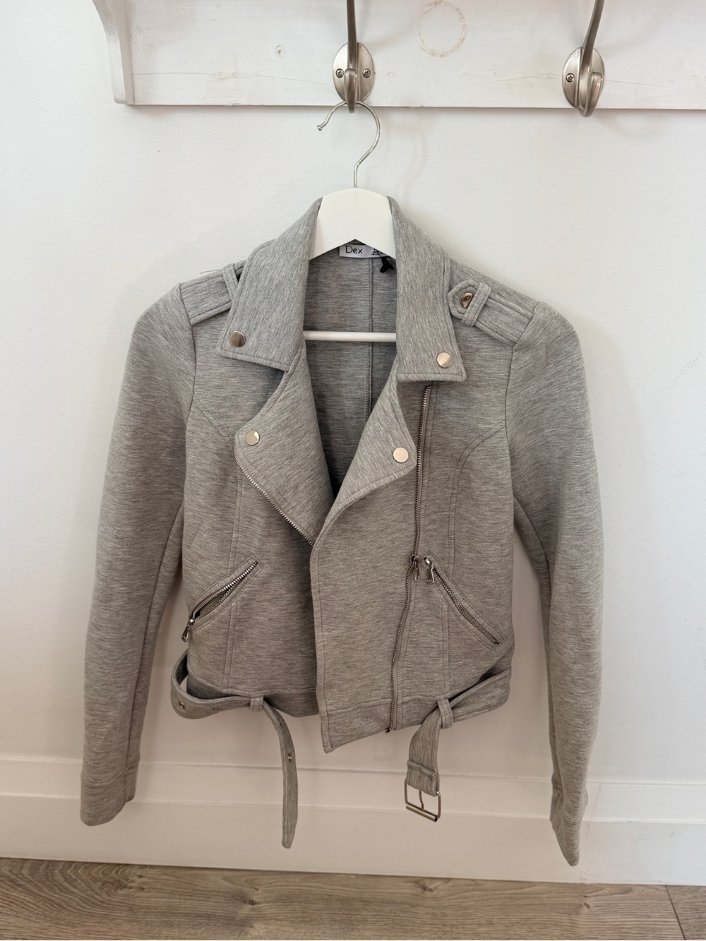 Dex Light Gray Moto Jacket with Belted Hem